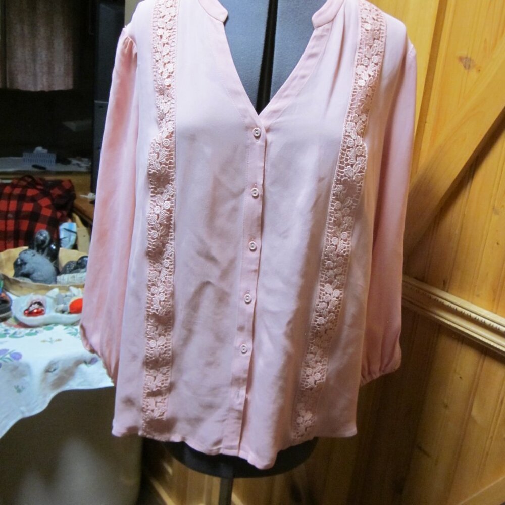 ladies Pure collection Vicose blouse v neck pink with brocade lace trim sz 10